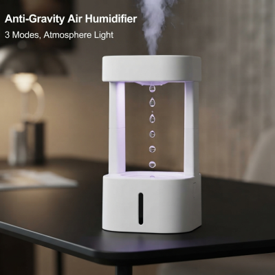 AeroGlow anti gravity humidifier with levitating water drops on a desk