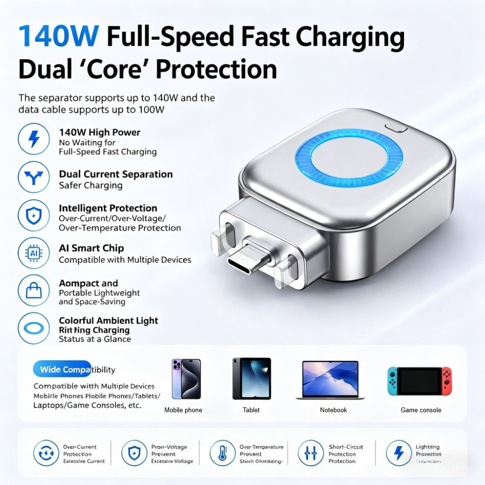 USB-C Auto Full-Charge Separator Smart Auto-Disconnect Charger Stopper 140W Overcharge Protection For Phone Android Safe Night Charging