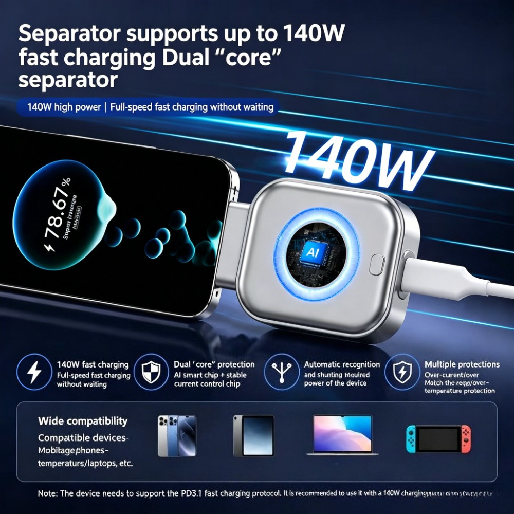 USB-C Auto Full-Charge Separator Smart Auto-Disconnect Charger Stopper 140W Overcharge Protection For Phone Android Safe Night Charging - Image 2